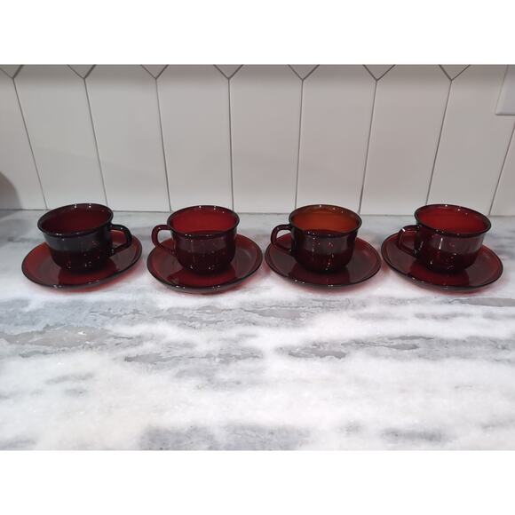 Arcoroc Glass Teacups & Saucers, Ruby Red Set, MCM Tea Set, French Glassware - Picture 3 of 11